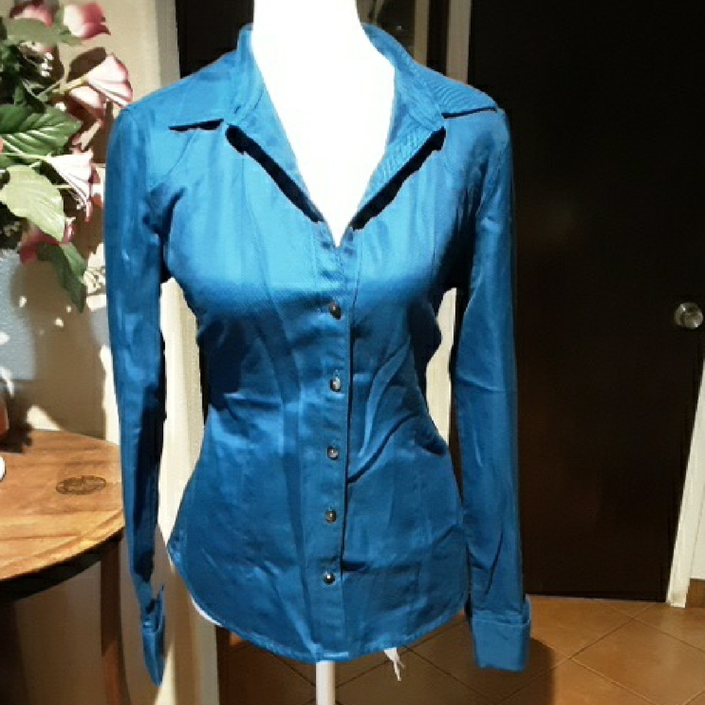 Banana Republic Blue Fitted Notched Collar Long Sleeve Shirt Blouse
